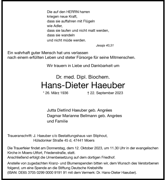 Traueranzeige von Hans-Dieter Haeuber von Rheinische Post
