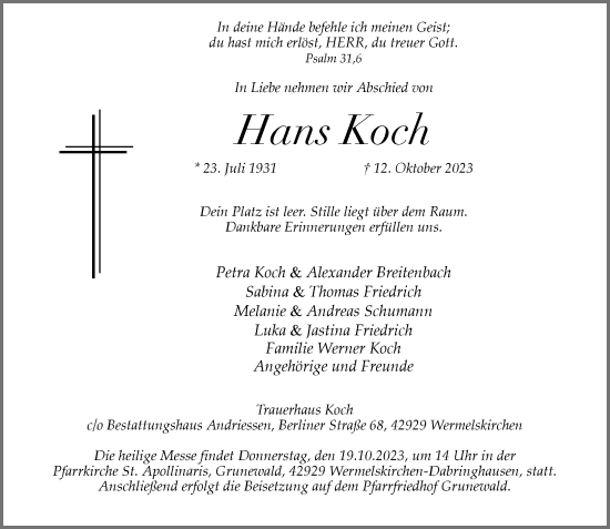 Traueranzeige von Hans Koch von Rheinische Post