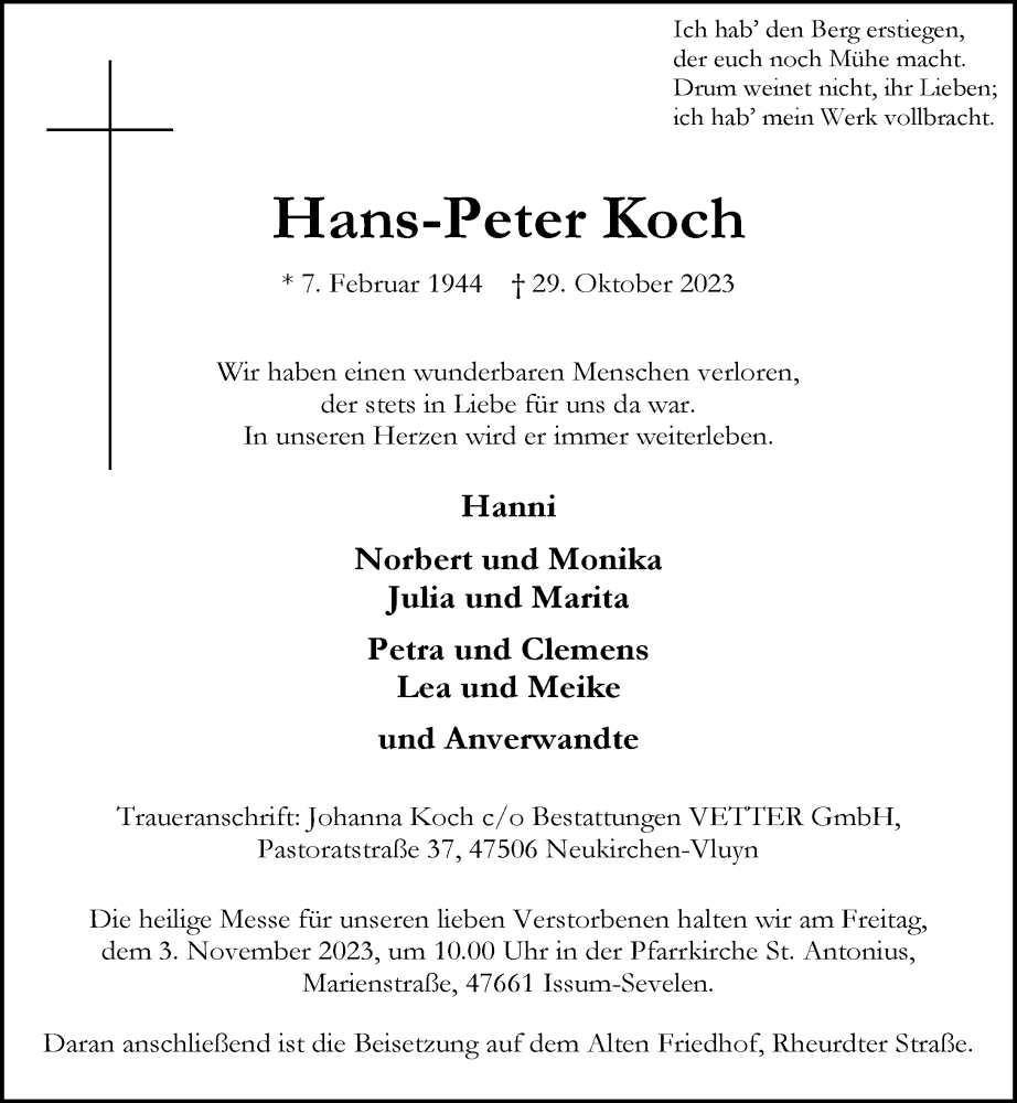  Traueranzeige für Hans-Peter Koch vom 31.10.2023 aus Rheinische Post