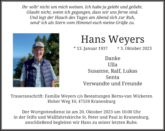 Traueranzeige von Hans Weyers von Rheinische Post