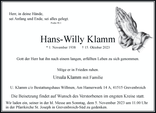 Traueranzeige von Hans-Willy Klamm von Rheinische Post