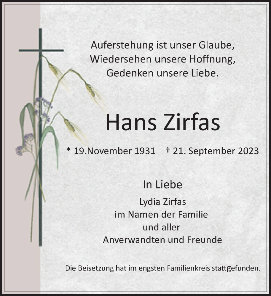  Traueranzeige für Hans Zirfas vom 21.10.2023 aus Rheinische Post