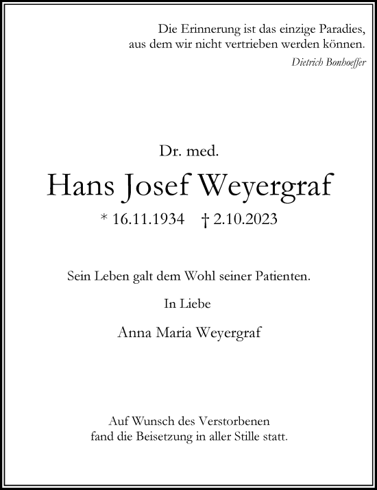 Traueranzeige von Hans Josef Weyergraf von Rheinische Post