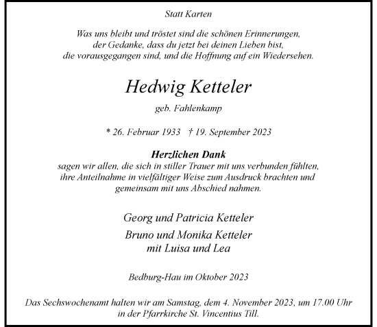 Traueranzeige von Hedwig Ketteler von Rheinische Post