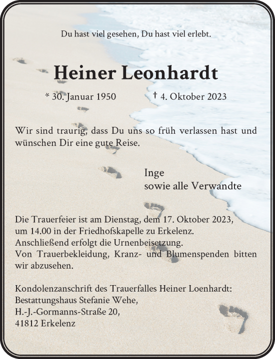Traueranzeige von Heiner Leonhardt von Rheinische Post
