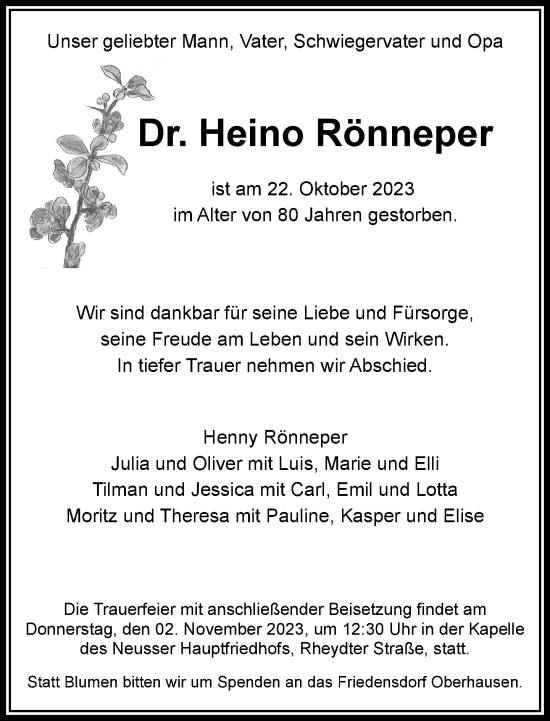 Traueranzeige von Heino Rönneper von Rheinische Post