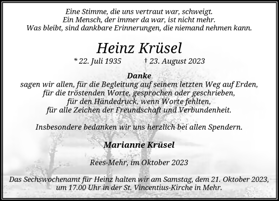 Traueranzeige von Heinz Krüsel von Rheinische Post