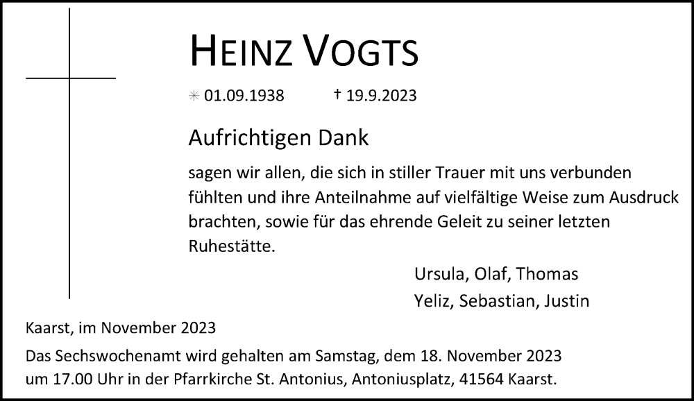  Traueranzeige für Heinz Vogts vom 11.11.2023 aus Rheinische Post