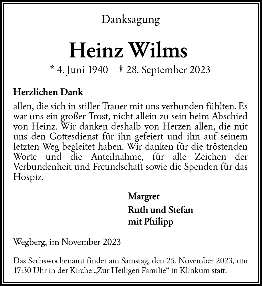  Traueranzeige für Heinz Wilms vom 18.11.2023 aus Rheinische Post