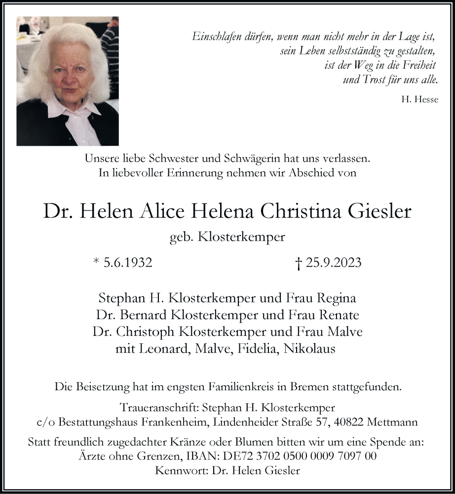  Traueranzeige für Helen Alice Helena Christina Giesler vom 07.10.2023 aus Rheinische Post