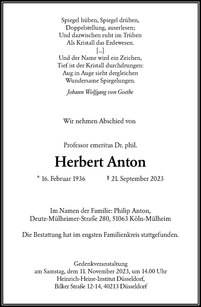 Traueranzeige für Herbert Anton vom 14.10.2023 aus Rheinische Post