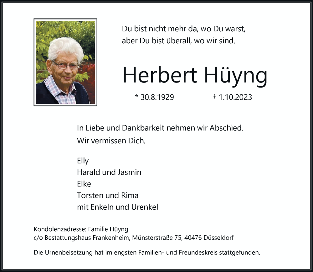  Traueranzeige für Herbert Hüyng vom 28.10.2023 aus Rheinische Post
