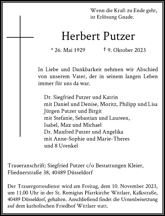Traueranzeige von Herbert Putzer von Rheinische Post