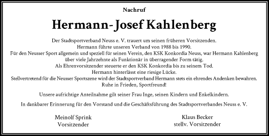 Traueranzeige von Hermann-Josef Kahlenberg von Rheinische Post