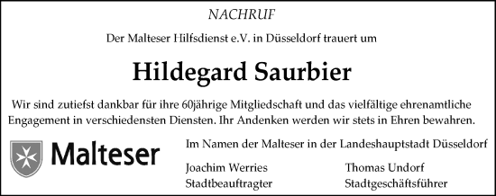 Traueranzeige von Hildegard Saurbier von Rheinische Post
