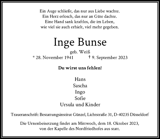 Traueranzeige von Inge Bunse von Rheinische Post