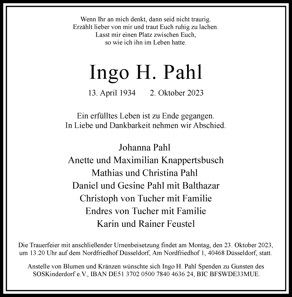  Traueranzeige für Ingo H. Pahl vom 14.10.2023 aus Rheinische Post