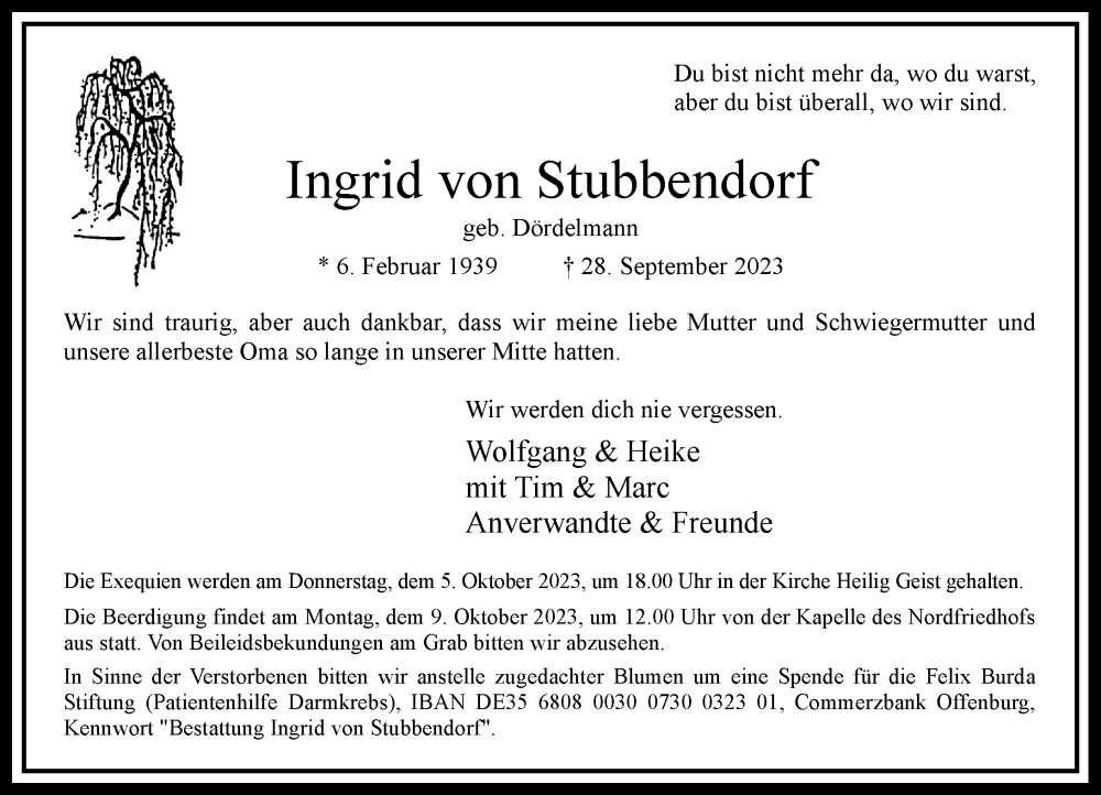  Traueranzeige für Ingrid von Stubbendorf vom 03.10.2023 aus Rheinische Post