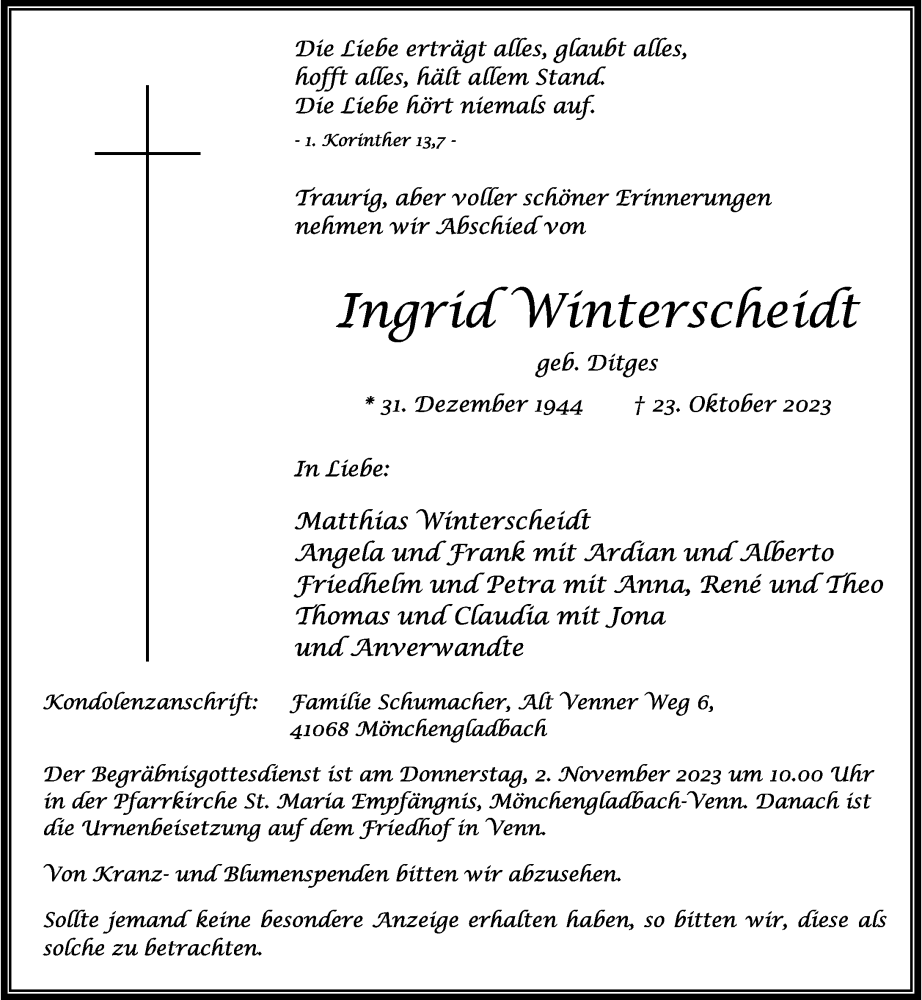  Traueranzeige für Ingrid Winterscheidt vom 28.10.2023 aus Rheinische Post