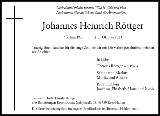 Traueranzeige von Johannes Heinrich Röttger von Rheinische Post