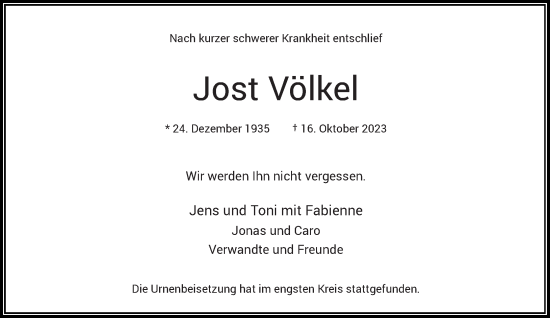 Traueranzeige von Jost Völkel von Rheinische Post