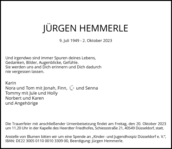 Traueranzeige von Jürgen Hemmerle von Rheinische Post