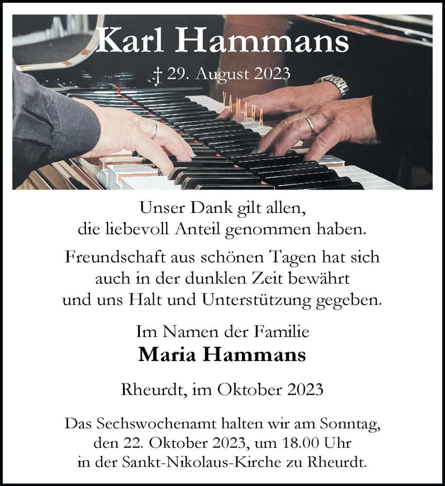  Traueranzeige für Karl Hammans vom 14.10.2023 aus Rheinische Post