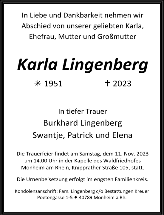 Traueranzeige von Karla Lingenberg von Rheinische Post