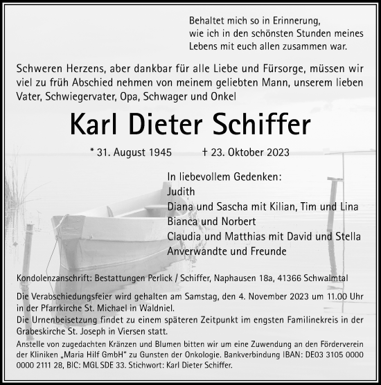 Traueranzeige von Karl Dieter Schiffer von Rheinische Post
