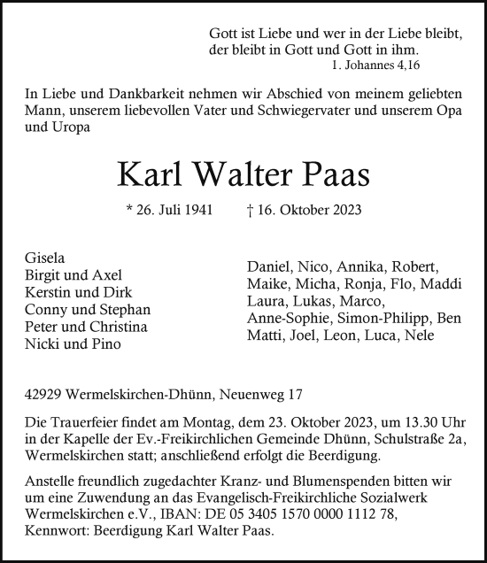 Traueranzeige von Karl Walter Paas von Rheinische Post