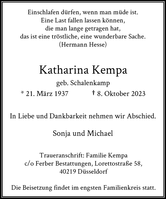 Traueranzeige von Katharina Kempa von Rheinische Post