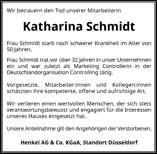 Traueranzeige von Katharina Schmidt von Rheinische Post