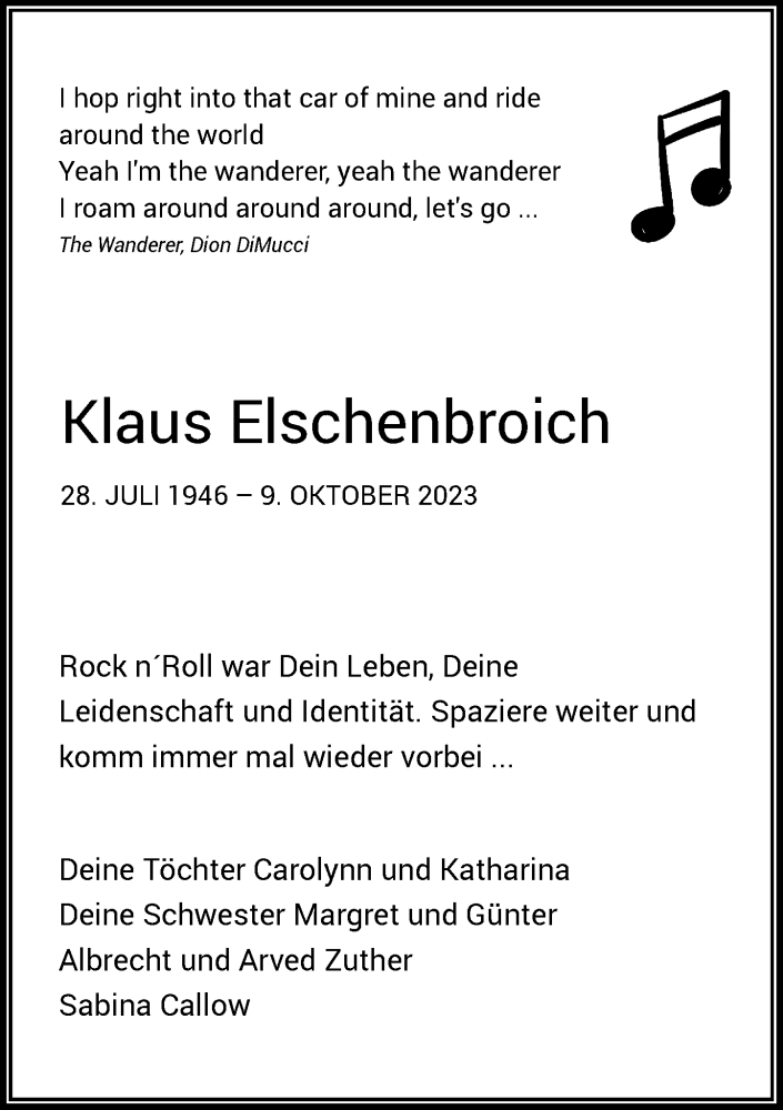  Traueranzeige für Klaus Elschenbroich vom 14.10.2023 aus Rheinische Post