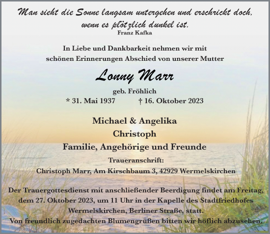 Traueranzeige von Lonny Marr von Rheinische Post