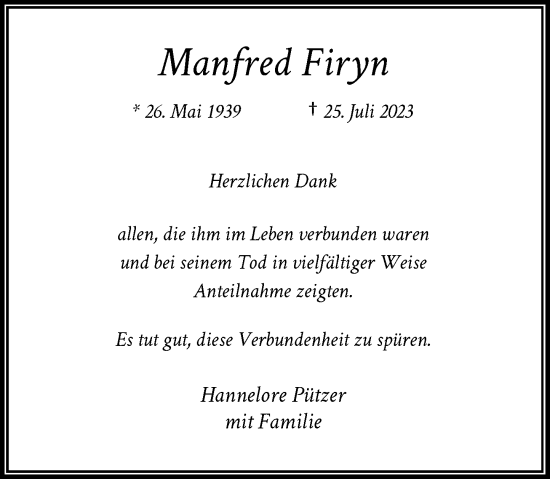 Traueranzeige von Manfred Firyn von Rheinische Post