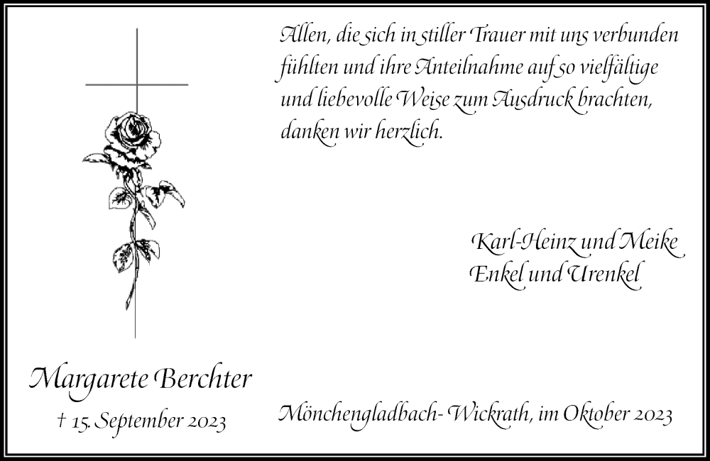  Traueranzeige für Margarete Berchter vom 14.10.2023 aus Rheinische Post