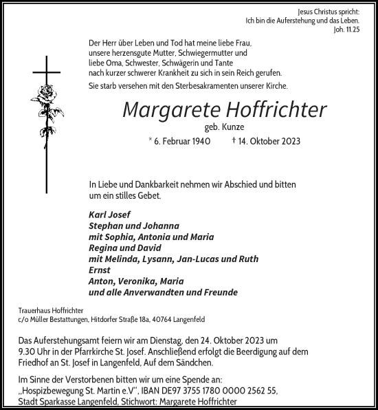 Traueranzeige von Margarete Hoffrichter von Rheinische Post