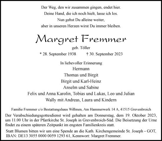 Traueranzeige von Margret Fremmer von Rheinische Post