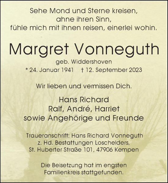 Traueranzeige von Margret Vonneguth von Rheinische Post