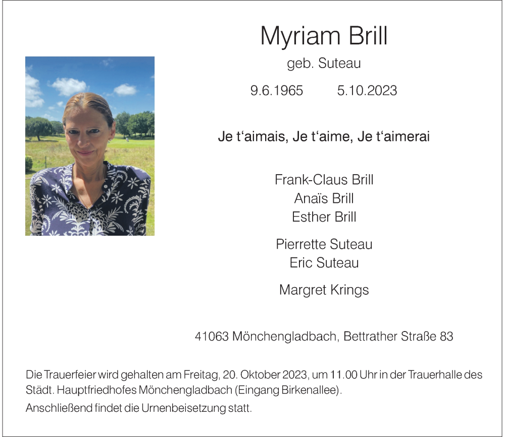  Traueranzeige für Myriam Brill vom 14.10.2023 aus Rheinische Post