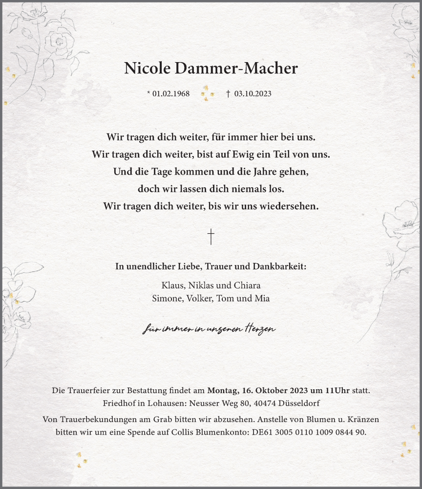  Traueranzeige für Nicole Dammer-Macher vom 07.10.2023 aus Rheinische Post