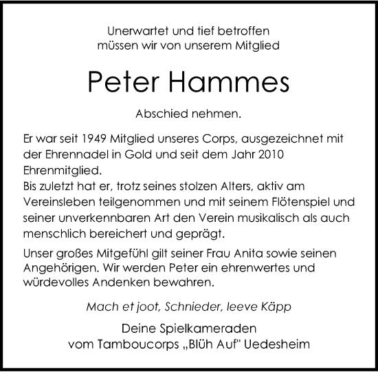 Traueranzeige von Peter Hammes von Rheinische Post