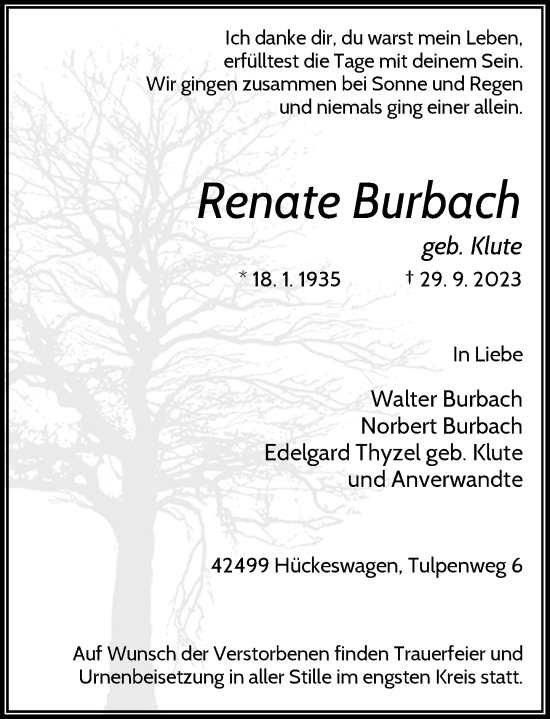 Traueranzeige von Renate Burbach von Rheinische Post