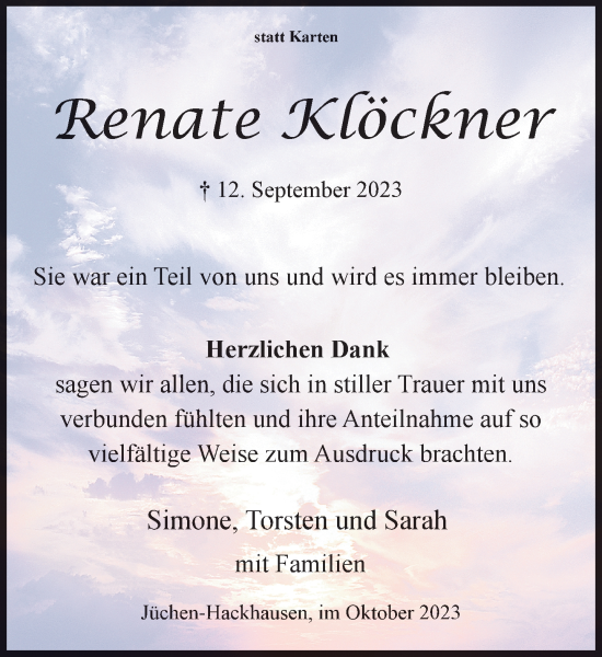 Traueranzeige von Renate Klöckner von Rheinische Post