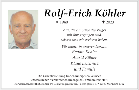 Traueranzeige von Rolf-Erich Köhler von Rheinische Post