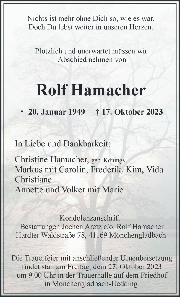  Traueranzeige für Rolf Hamacher vom 21.10.2023 aus Rheinische Post