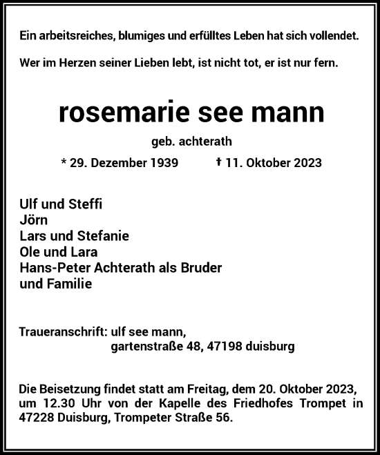 Traueranzeige von Rosemarie See Mann von Rheinische Post