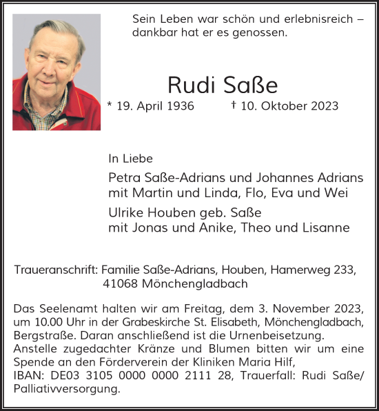 Traueranzeige von Rudi Saße von Rheinische Post