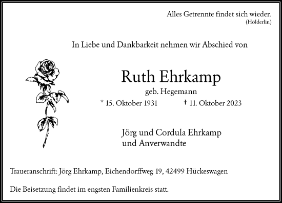 Traueranzeige von Ruth Ehrkamp von Rheinische Post