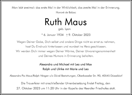 Traueranzeige von Ruth Maus von Rheinische Post